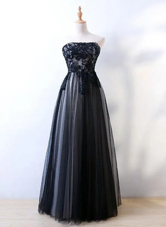 Black Tulle Applique Long Lace-up Party Dress, Blue Formal Dresses, Bridesmaid Dresses Halter Neckline Beach