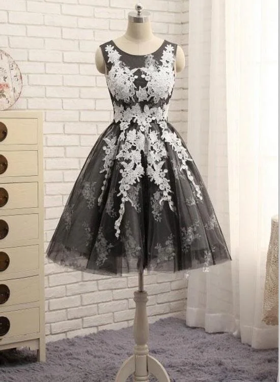 Black Tulle with White Lace Round Neckline Knee Length Homecoming Dresses, Cute Party Dresses Turtleneck Warm Winter