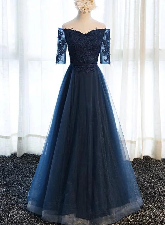 Blue Prom Gowns, Short Sleeves Tulle Navy Blue Formal Dress, Lovely Party Dresses Tunics Denim casual