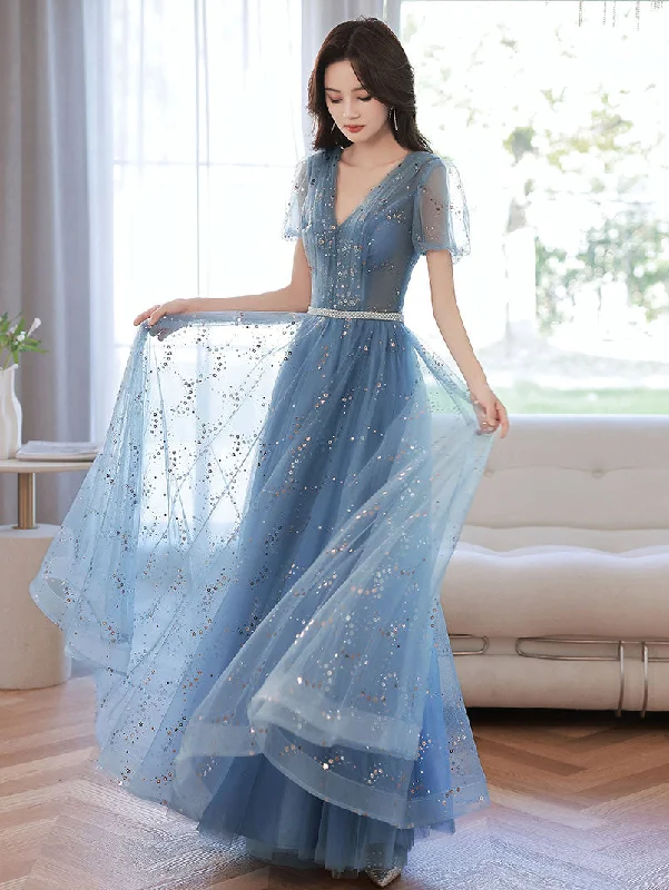 Blue V Neck Tulle Tea Length Prom Dress, Blue Tulle Formal Evening Dress Tunics Party sparkling