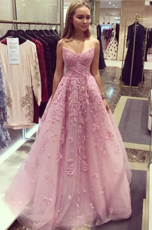 Bubblegum Strapless V-Neck Applique Long Prom Sleeveless Tulle Evening Dress sweetheart Neckline Romantic