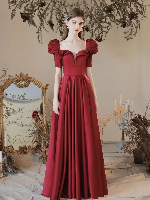 Burgundy A-Line Satin Long Prom Dress, Burgundy Formal Evening Dress Tunics Office stylish