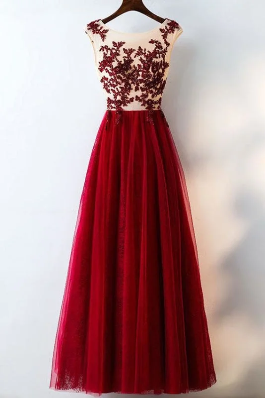 Burgundy Lace Applique Sleeveless Tulle Long Prom Dress with Beads A-line Evening Dresses Tunics Business professional