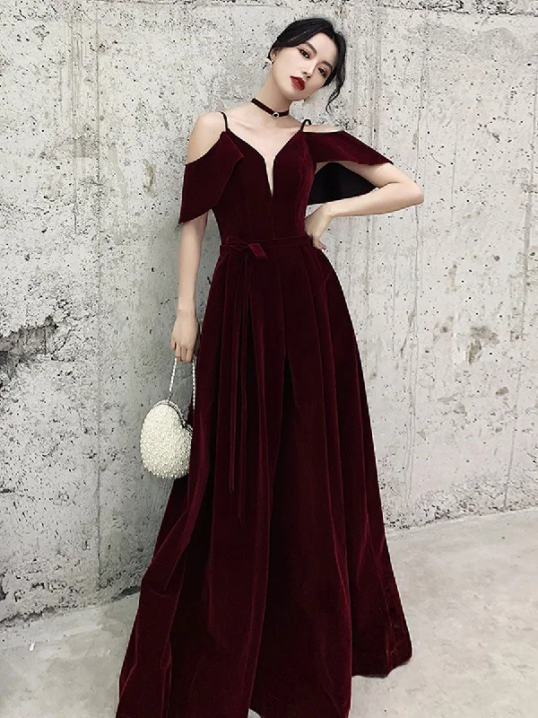 Burgundy Off Shoulder Velvet Long Prom Dress, Burgundy Formal Evening Dresses Tunics Luxurious high-end