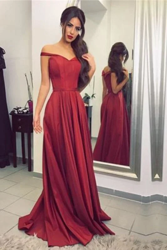 Burgundy Off-the-Shoulder Floor-length Ruched Satin Long Prom Evening Dresses Tunics Top Casual