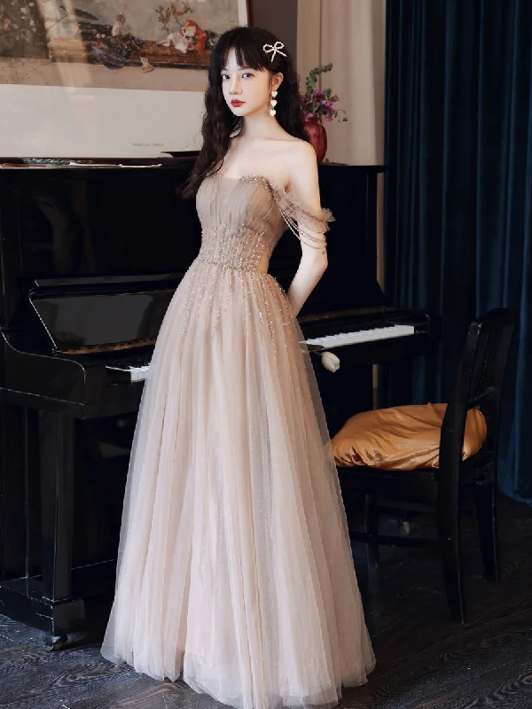 Champagne A line Tulle Beads Long Prom Dress, Champagne Evening Dresses Shift Classic Vintage