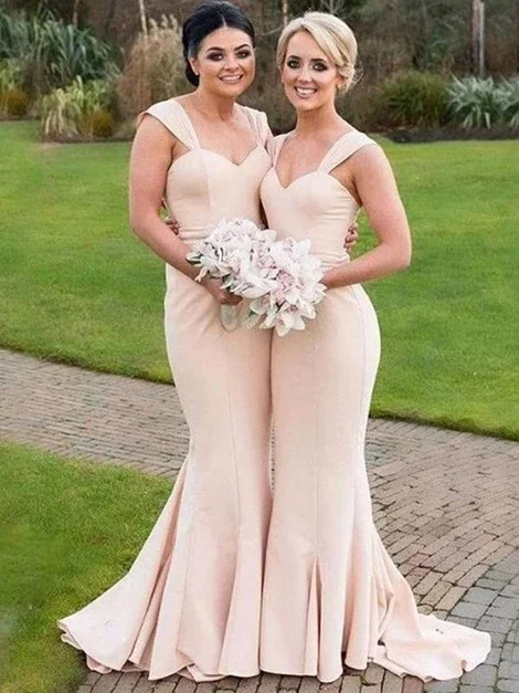 Champagne Mermaid Long Bridesmaid Dresses, Mermaid Champagne Satin Long Prom Formal Evening Dresses Boat Neckline Classic