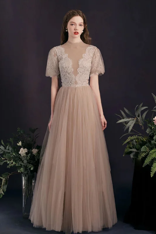 Champagne Tulle A Line Floor Length Short Sleeves Lace Prom Dresses, Champagne Lace Formal Evening Dresses, Champagne Bridesmaid Dresses WT1496 Tunics Spring floral