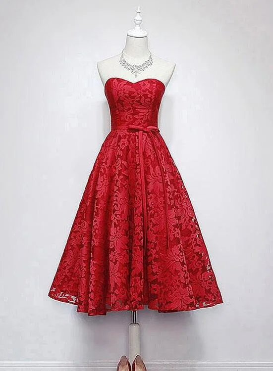 Charming Red Lace Tea Length Wedding Party Dress, Red Lace Dress, Formal Dress Tunics Timeless classic