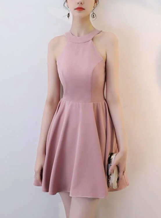 Chiffon Pink Halter Mini Party Dress, Halter Homecoming Dress, Short Prom Dress Tunics Silk luxurious