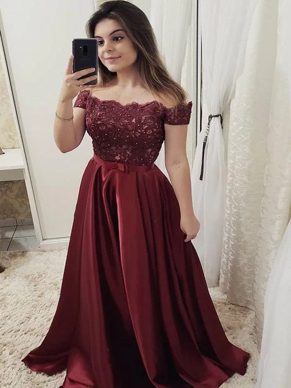 Custom Made Burgundy Off Shoulder Lace Long Prom Dresses, Burgundy Lace Floor Length Satin Formal Evening Dresses Crew Neckline Casual