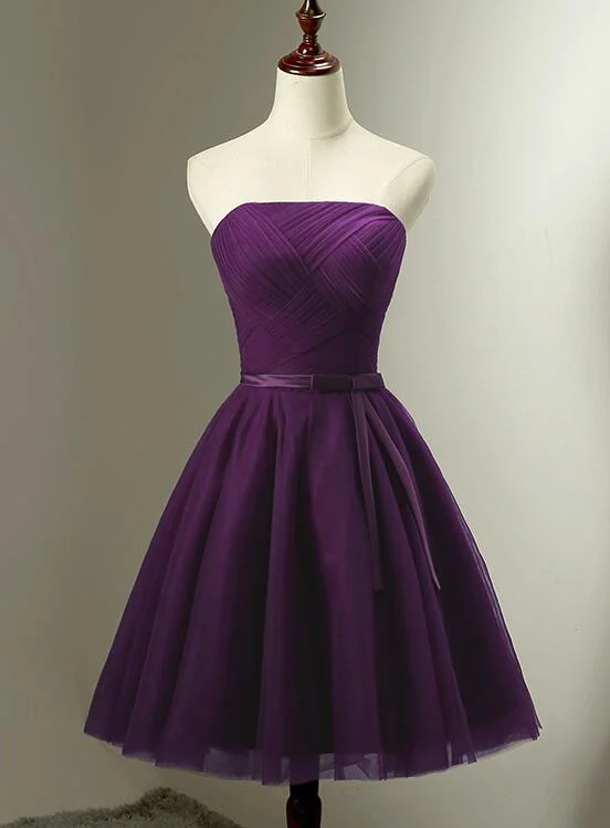 Cute Dark Purple Tulle Short Bridesmaid Dress, Tulle Party Dress, Short Formal Dress Lace Sexy Club