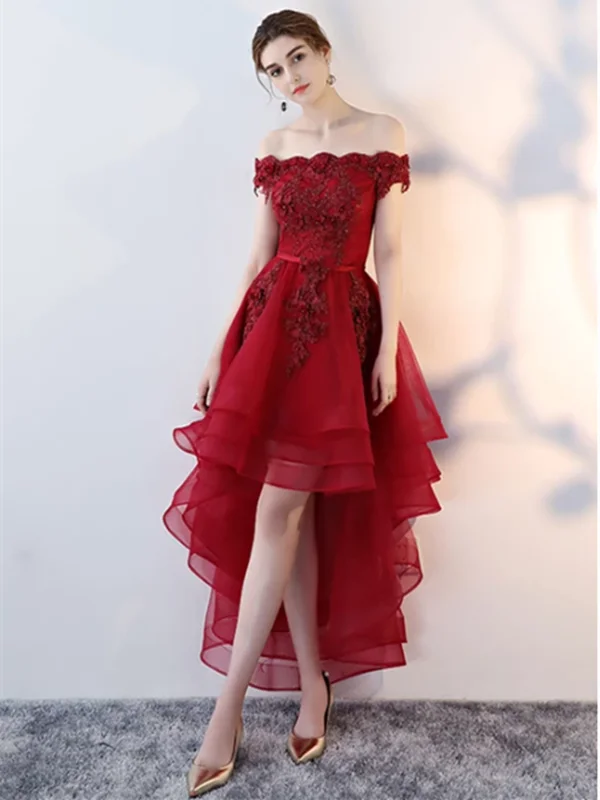 Cute Lace Tulle Short Prom Dress,  Pink/Burgundy High Low Evening Dress Tunics Seasonal trendy