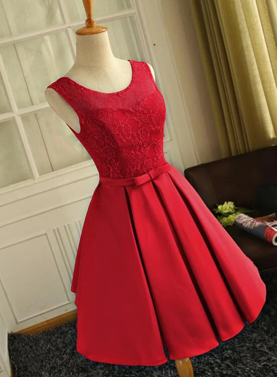 Cute Red Satin Round Neckline Party Dresses, Satin Homecoming Dresses, Short Prom Dress Off-the-shoulder Bohemian Festive