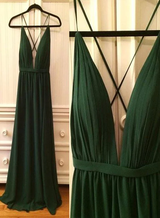 Dark Green Deep V-neckline Chiffon Cross Back Long Party Dresses, Sexy Formal Gowns Off-the-shoulder Chic Trendy