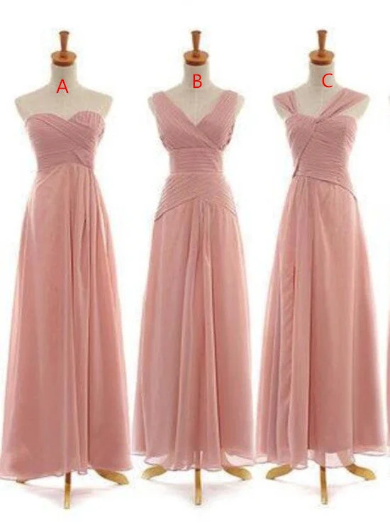 Dark Pink Chiffon Long Mismatch Bridesmaid Dresses, Lovely Wedding Party Dress Turtleneck Warm Winter