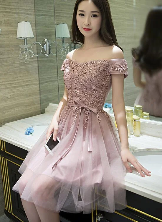 Dark Pink Tulle Off Shoulder Short Formal Dress, Bridesmaid Dresses for Pink Weddings, Pink Party Dress Tunics Bestseller popular