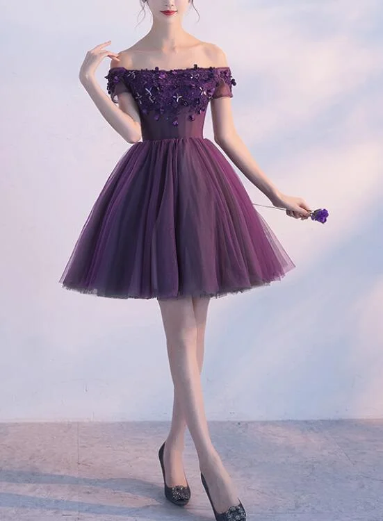 Dark Purple Off Shoulder Knee Length Homecoming Dress , Lovely Formal Dress, Cute Party Dress Turtleneck Neckline Stylish