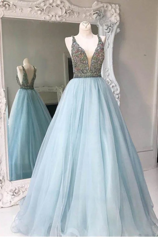 Deep V-neck Light Blue Backless Sleeveless Floor-length Tulle Prom with Beads Party Dress Crew Neckline Casual