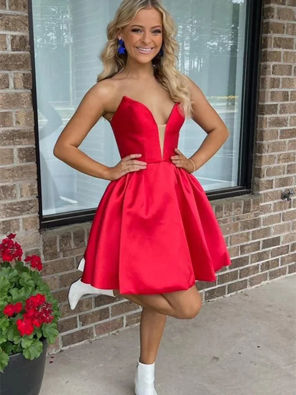 Deep V Neck Short Red Satin Prom Dresses, V Neck Red Short Satin Formal Graduation Evening Dresses, Red Short Homecoming Dresses Tunics Solid Classic