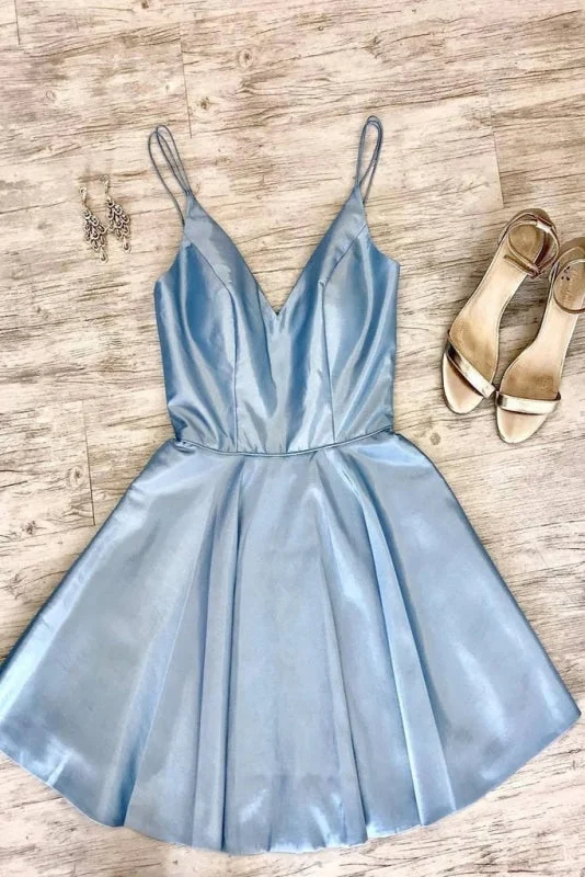 Double Straps Sky Blue Satin Party Dress Cheap Short Homecoming Gown Tunics Spring floral