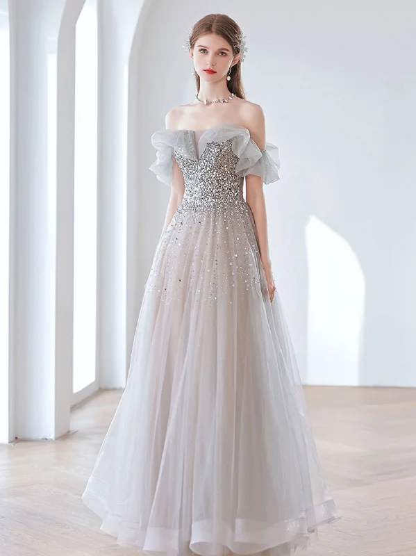 Elegant Gray Tulle Sequin Long Prom Dress, Gray Tulle Evening Dresses Tunics Chic elegant