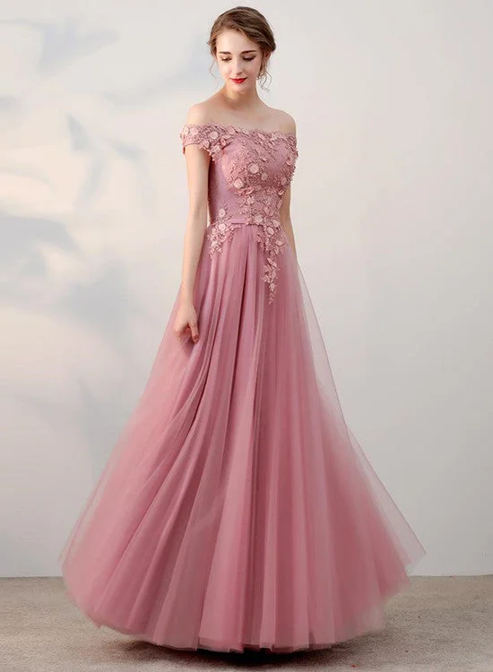 Elegant Pink Tulle Off Shoulder Evening Gowns, Pink One Shoulder Prom Dress, A-line Party Dresses Pleated Skirt Elegant