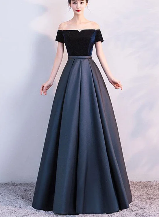 Elegant Velvet and Satin Off Shoulder Floor Length Party Dress, Blue Evening Gowns, Party Dress Tunics Winter warm