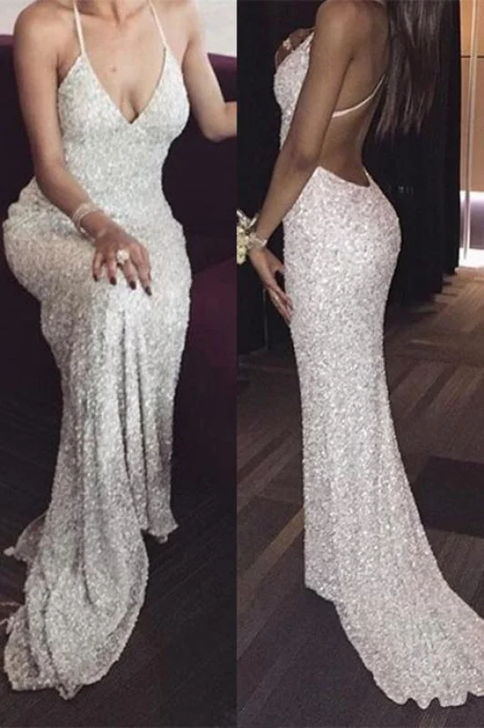 Excellent Chic Precious White Deep V neck Spaghetti Straps Sequin Mermaid Long Prom Dresses Sexy Evening Dress Pleated Skirt Elegant