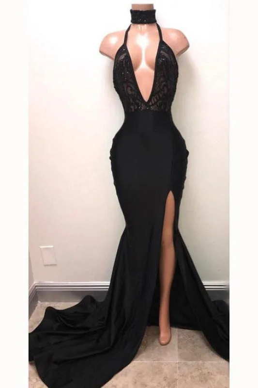 Fascinating Chic Awesome Sexy Black Straps Deep V-neck Mermaid Split Sleeveless Evening Dress with Lace Tunics Mesh breathable