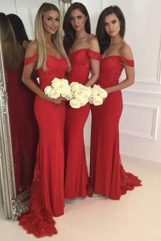 Fascinating Modest Modest Off Shoulder Mermaid Red Bridesmaid with Lace Sequins Stylish Wedding Party Dress Tunics Exclusive limited