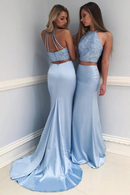 Glorious Excellent Exquisite Stylish Sky Blue Two-Piece Beaded Long Prom Mermaid Evening Dress Tunics Versatile functional