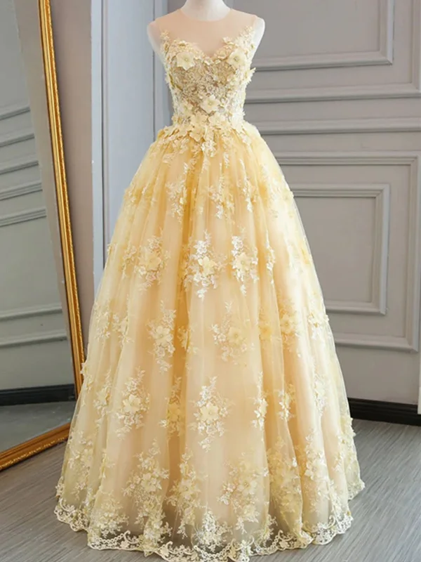 Gorgeous Yellow Lace Long Prom Dresses, Yellow Lace Formal Evening Dresses A-Line Day Work