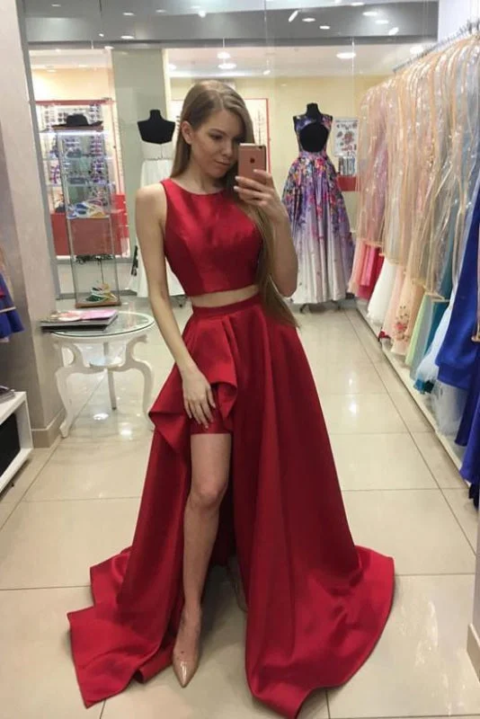 Graceful Precious A-line Red Sleeveless Two Piece Long Satin Prom Evening Dress For Teens Tunics Polka dots