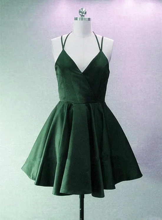 Green Halter Short Satin Long Party Dress, Green Homecoming Dresses , Short Party Dress Tunics Occasion special