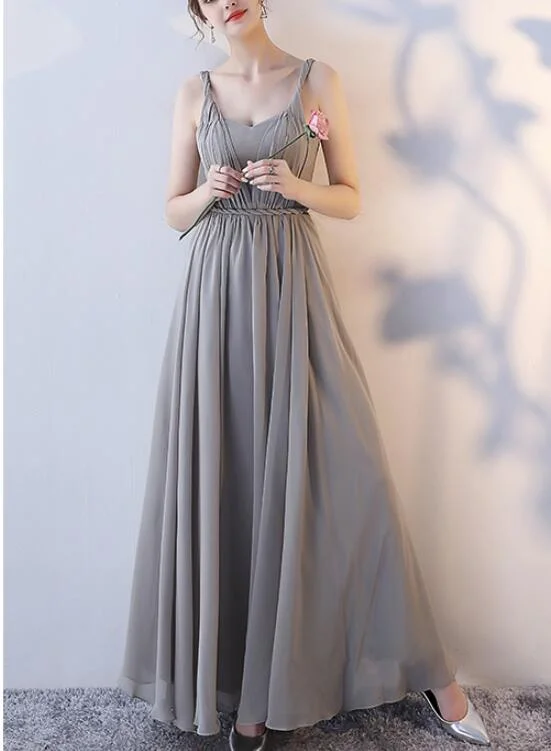 Grey Chiffon Long Bridesmaid Dresses, Floor Length Party Dress, Grey Wedding Party Dresses Satin Halter Glamorous