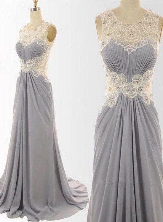 Grey Lace And Chiffon Long Wedding Party Dress, Grey Floor Length Prom Dresses Pencil Length Work