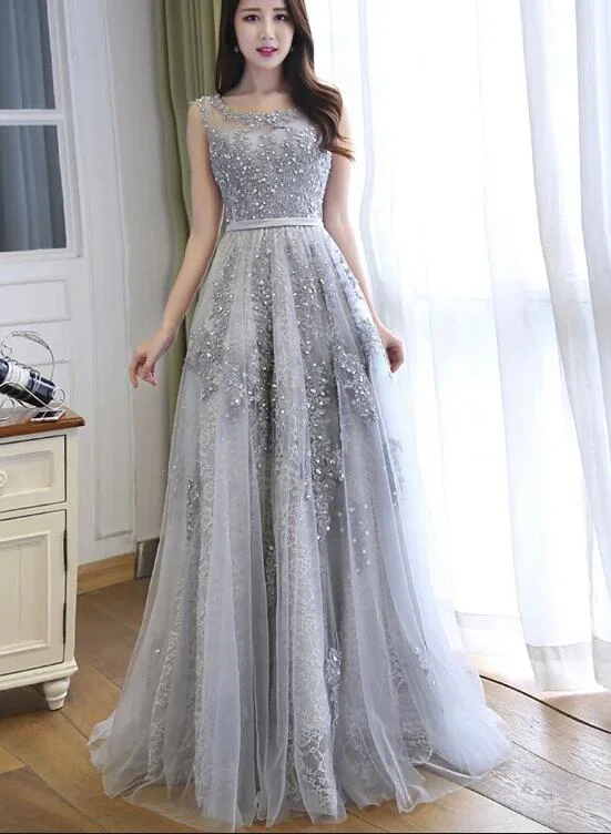 Grey Prom Dress 2019, Long Formal Gowns, Handmade Party Dress Tunics Prom sequined