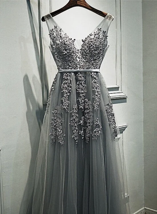 Grey Romantic Lace V-neckline Formal Gowns, Applique Long Prom Dress, High Quality Party Dress Square Neckline Feminine