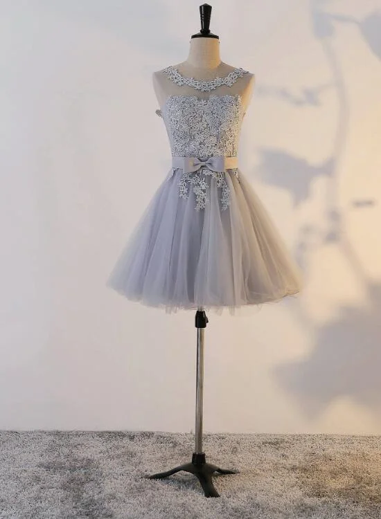 Grey Short Tulle Cute Party Dress, Handmade High Quality Party Dress, Teen Party Dresses Tunics Satin smooth