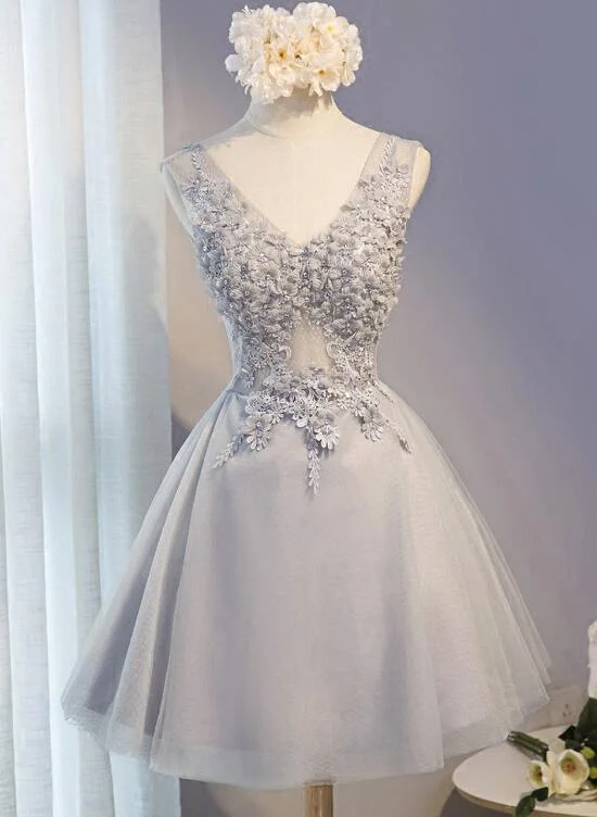 Grey Tulle Homecoming Dresses, Grey Short Party Dress , Formal Dresses Satin Halter Glamorous