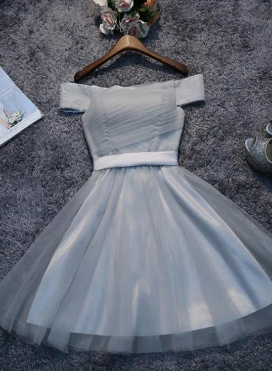 Grey Tulle Homecoming Dresses, Off Shoulder Short Party Dress, Knee Length Formal Dress Tunics Timeless classic