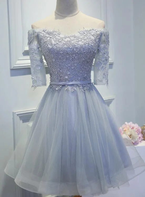 Grey Tulle Lace Homecoming Dresses , Lovely Off Shoulder Party Dresses, Cute Formal Dresses Tunics Fall fleece