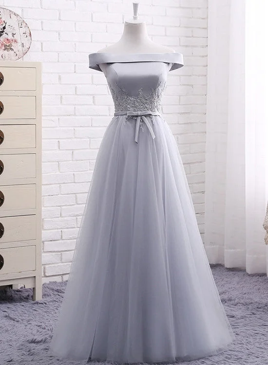 Grey Tulle Off Shoulder Floor Length Prom Dress , Grey Bridesmaid Dress, Party Dress Tunics Canvas sturdy