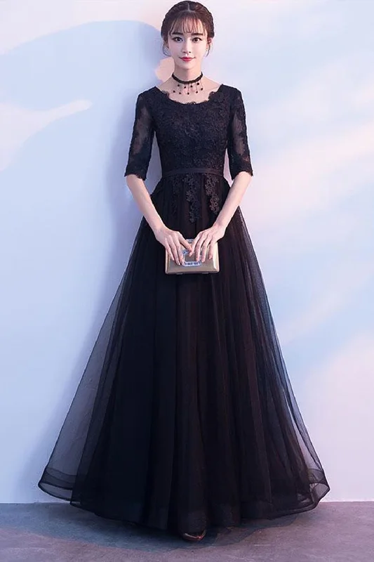 Half Sleeves Round Neck Black Lace Long Prom Dresses, Black Lace Formal Graduation Evening Dresses, Black Bridesmaid Dresses Chiffon Maxi Beach