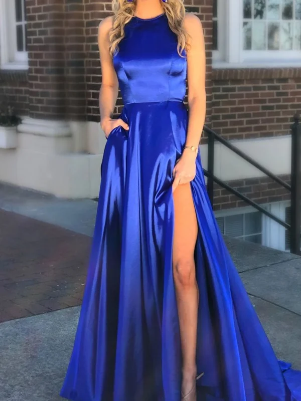 Halter Open back A Line Royal Blue Satin Long Prom Dresses With High Side Slit, Royal Blue Open back Formal Evening Dresses With Pokets Tunics Distressed trendy