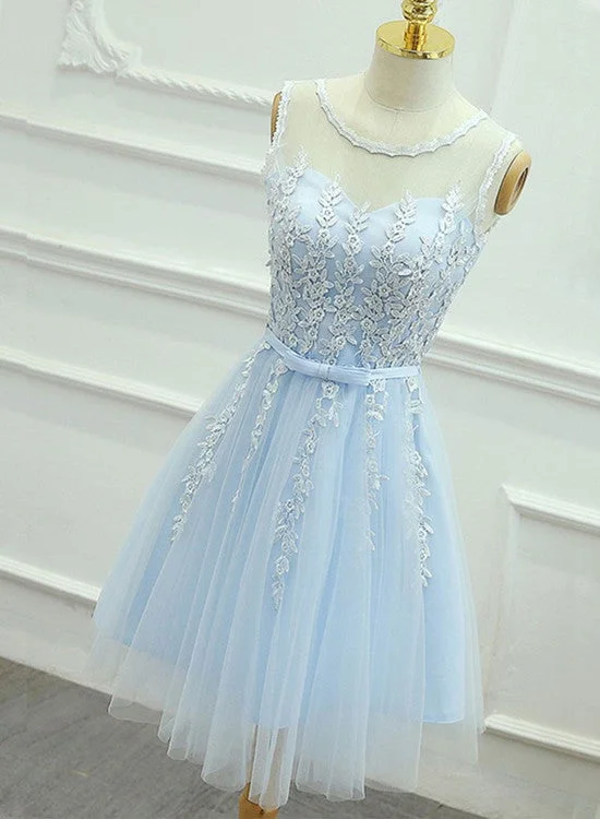 Light Blue Round Neckline Short Pretty Homecoming Dresses, Light Blue Wedding Party Dresses Tunics Chinos classic