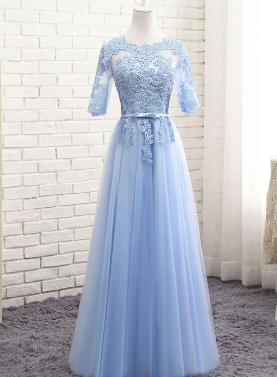 Light Blue Short Sleeves Lace Wedding Party Dresses, Blue Bridesmaid Dresses, Formal Dress Sequined Elegant Party