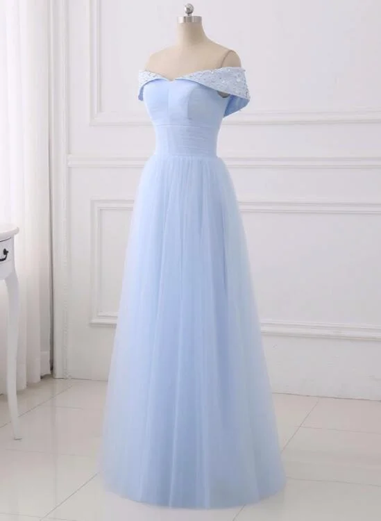 Light Blue Simple Bridesmaid Dresses, Off Shoulder Party Dress, Simple Tulle Junior Prom Dress Off-the-shoulder Bohemian Festive