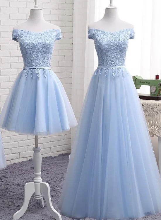 Light Blue Tulle Bridesmaid Dress, Cap Sleeves Short Bridesmaid Dress, Wedding Party Dress Satin Halter Glamorous